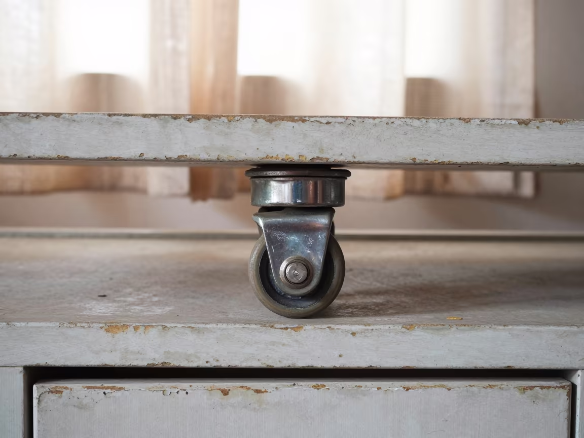Caster Wheel on Weathered Painted Ledge Dinajpur in on a painted display ledge in Dinajpur