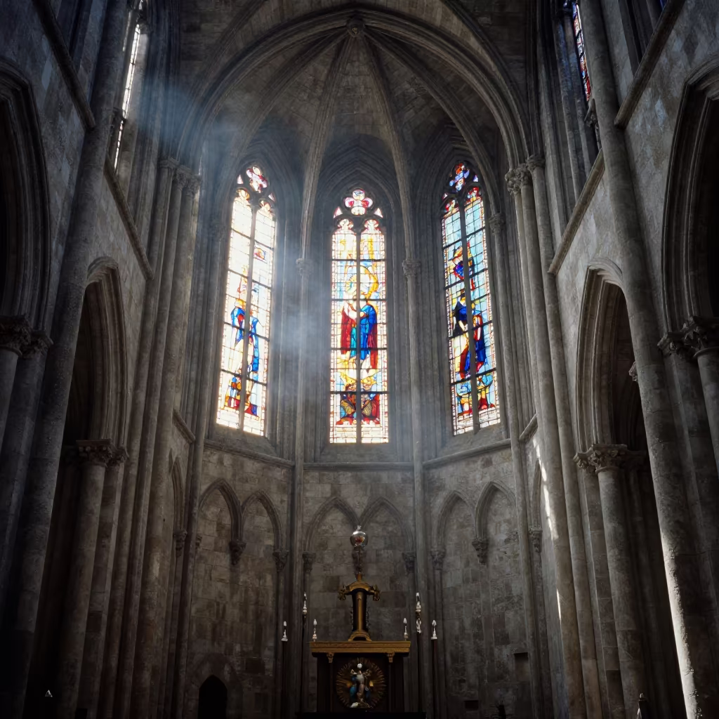 Castilian Cathedral Flying Buttress Morning Light in in a chapel lit by stained glass in Castilla