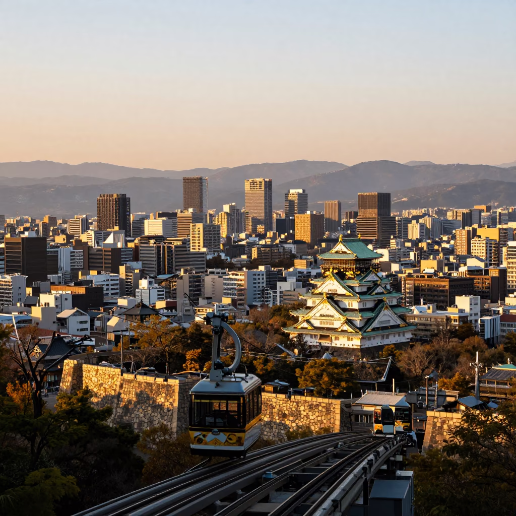 Castle And City Skyline From Tennoji Cable Car in Osaka in in Osaka, Japan