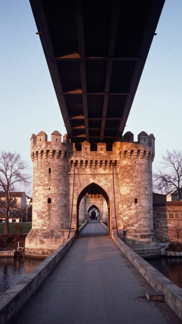 Castle Gatehouse Under Steel Viaduct in Winter Dusk in under a viaduct of steel and concrete near Khenchela