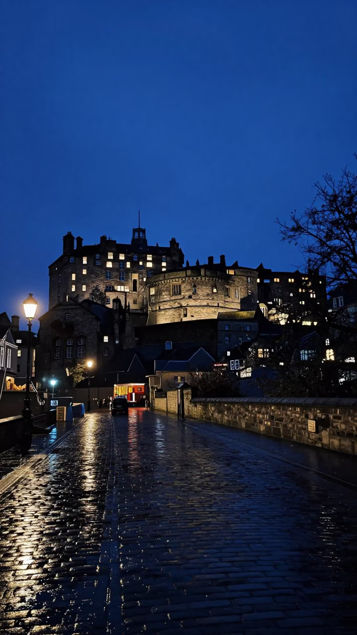 Castle Illuminated in Edinburgh at Midnight Light in in Edinburgh, United Kingdom