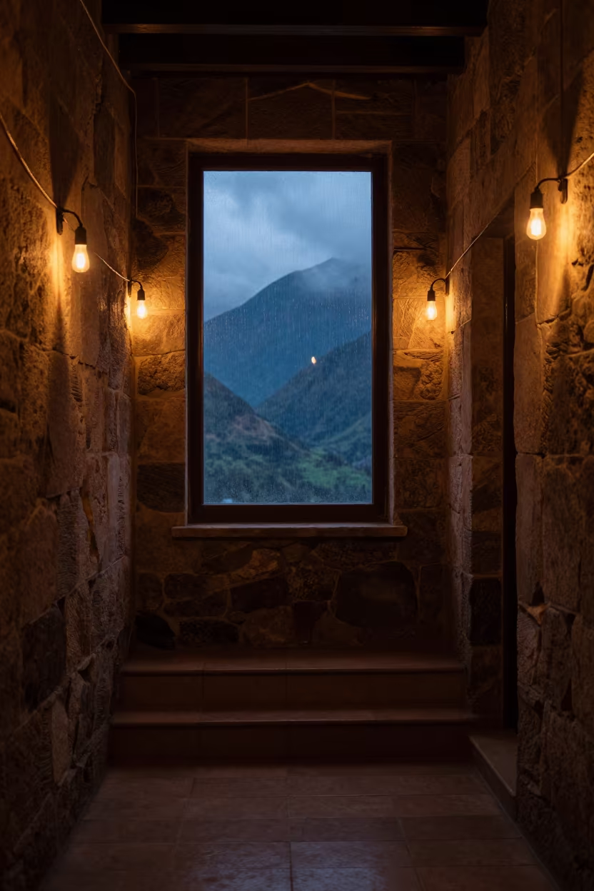 Castle Keep Window Framing Distant Mountains in inside a tiled stair hall near Gabiadji