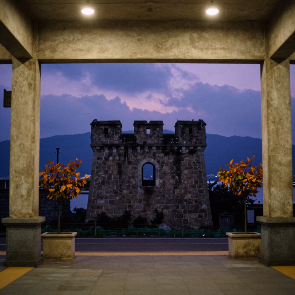 Castle Keep Window Framing Distant Mountains at Blue Hour in inside a restored train terminal in Xiamen