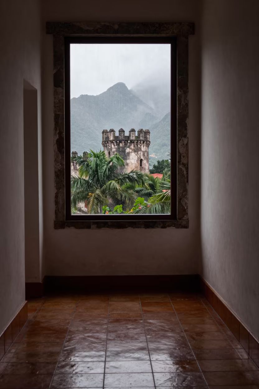 Castle Keep Window Framing Distant Mountains in San Juan in inside a tiled stair hall in San Juan