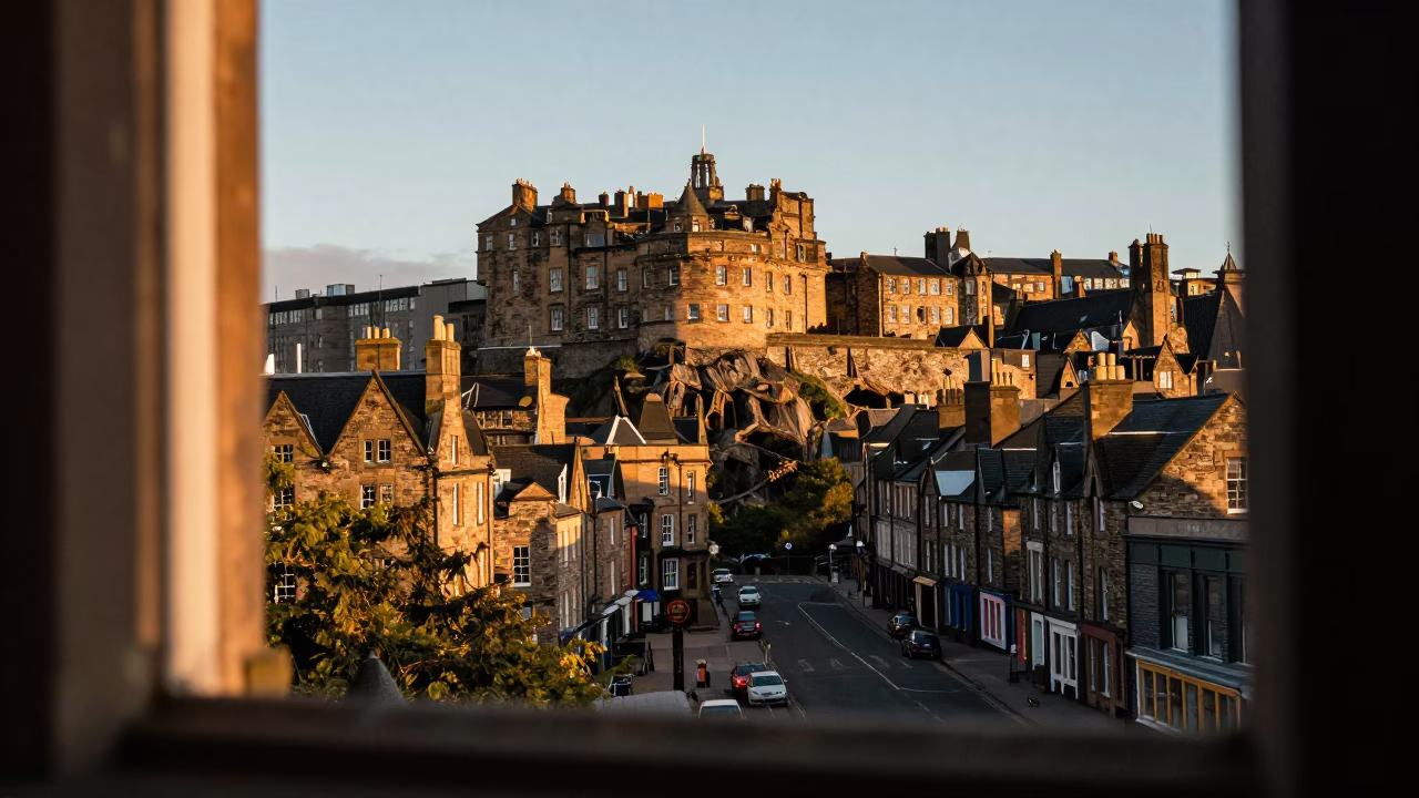 Castle Rock And Old Town at Sunset Light in Edinburgh in in Edinburgh, United Kingdom