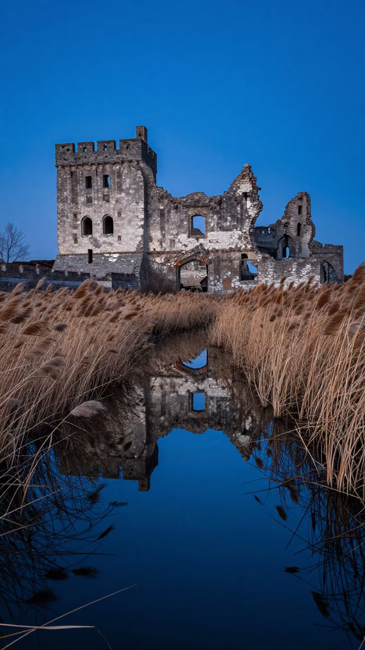 Castle Ruin Reflected in Moat Reeds at Dusk in near Changchun