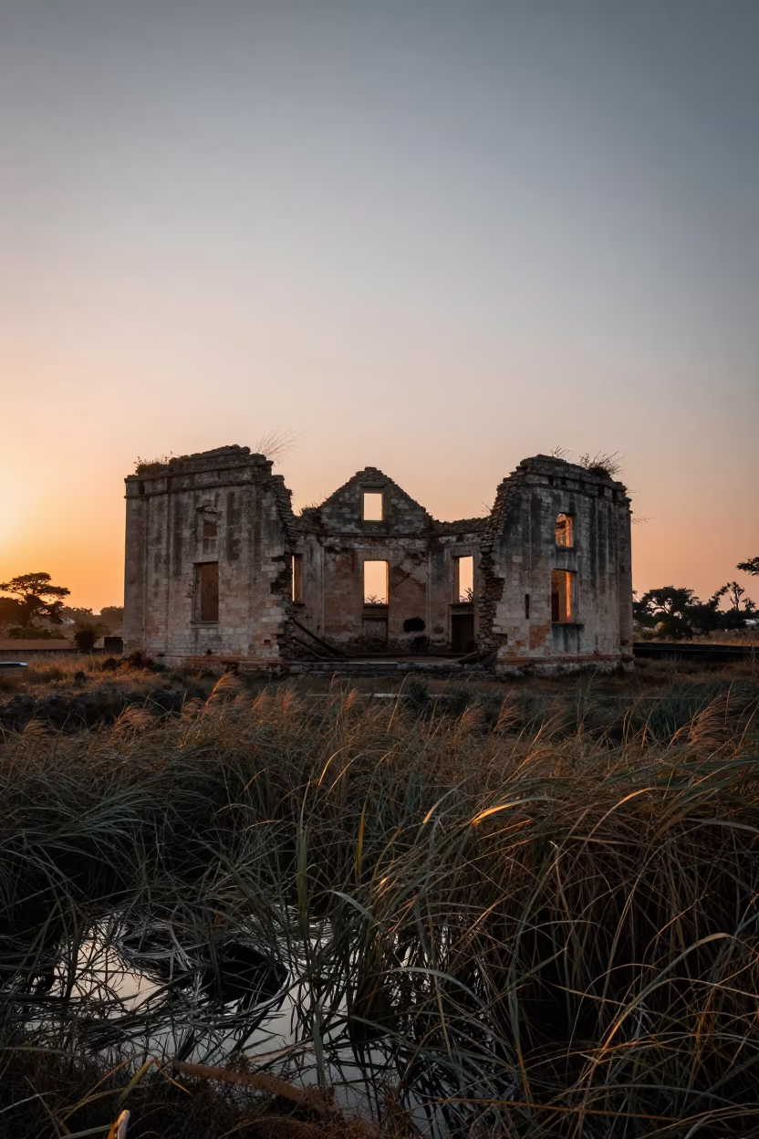 Castle Ruin Reflection in Moat at Sunset in inside a roofless hammam near Mbuji-Mayi
