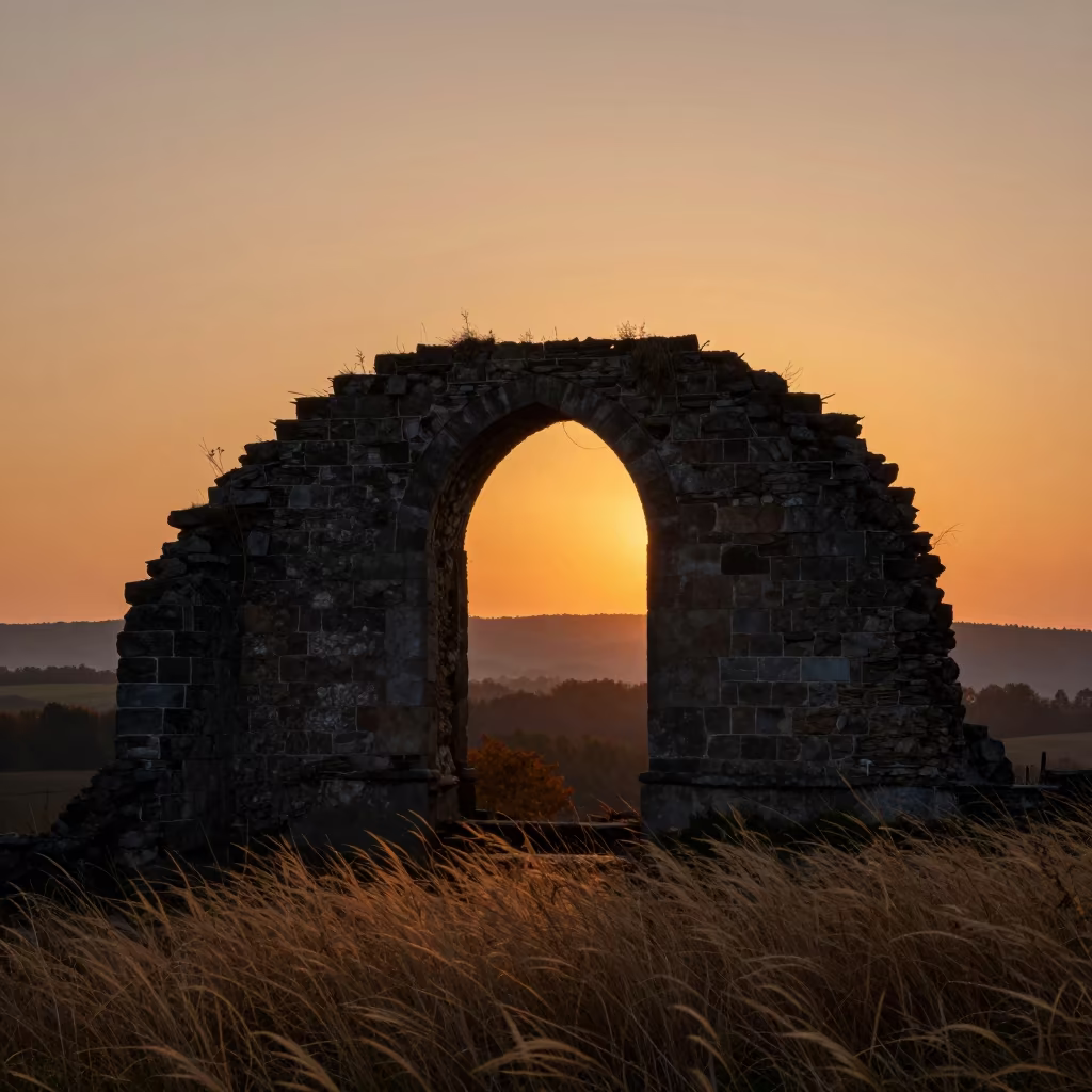 Castle Ruin Silhouette Against Amber Sunset in beneath a broken stone arch near Minsk