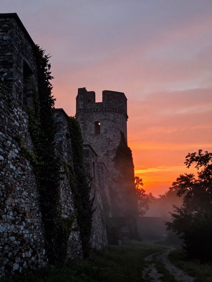 Castle Ruin Silhouette at Sunset in Mist in beside ivy-draped masonry near Nowa Huta, Krakow