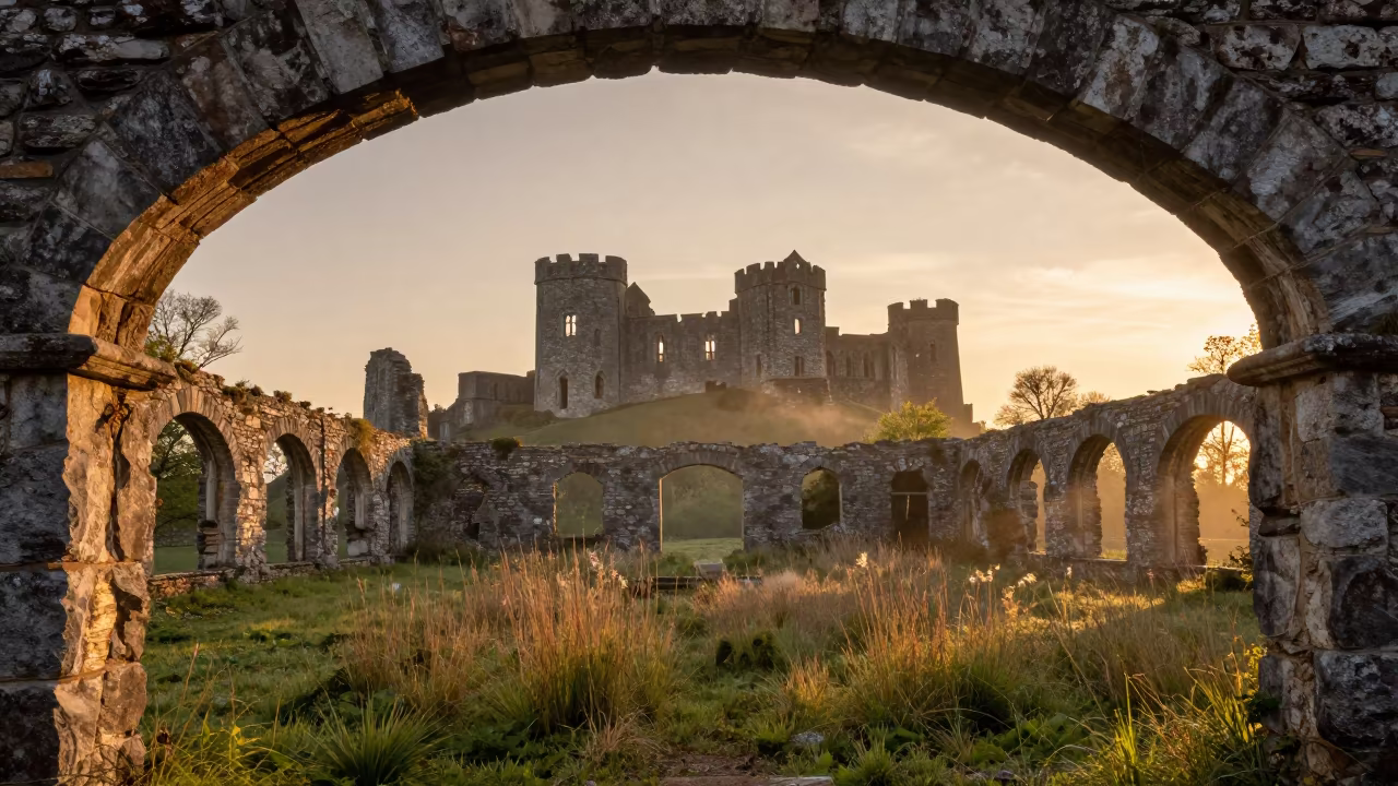 Castle Ruins Golden Hour Delaware Courtyard Fog in through a courtyard reclaimed by grasses in Delaware