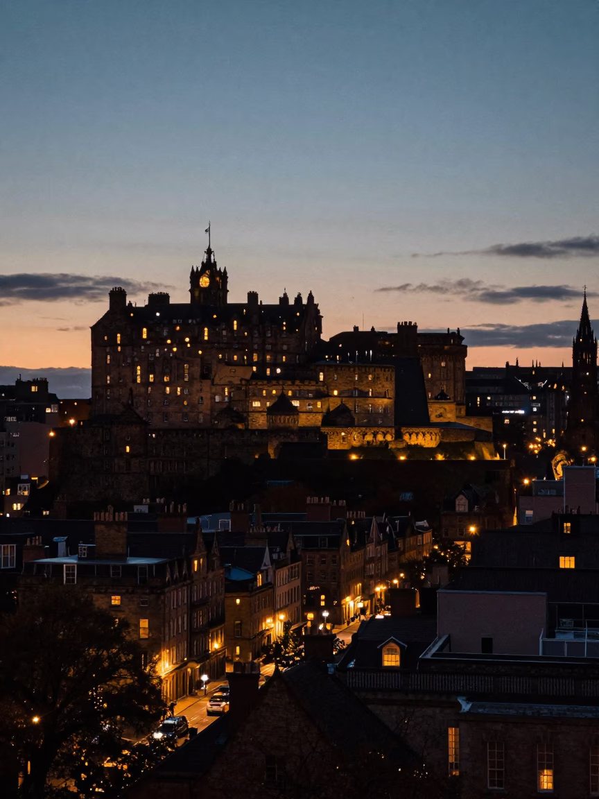 Castle Silhouette in Edinburgh at The Still Hours Before Dawn Light in in Edinburgh, United Kingdom
