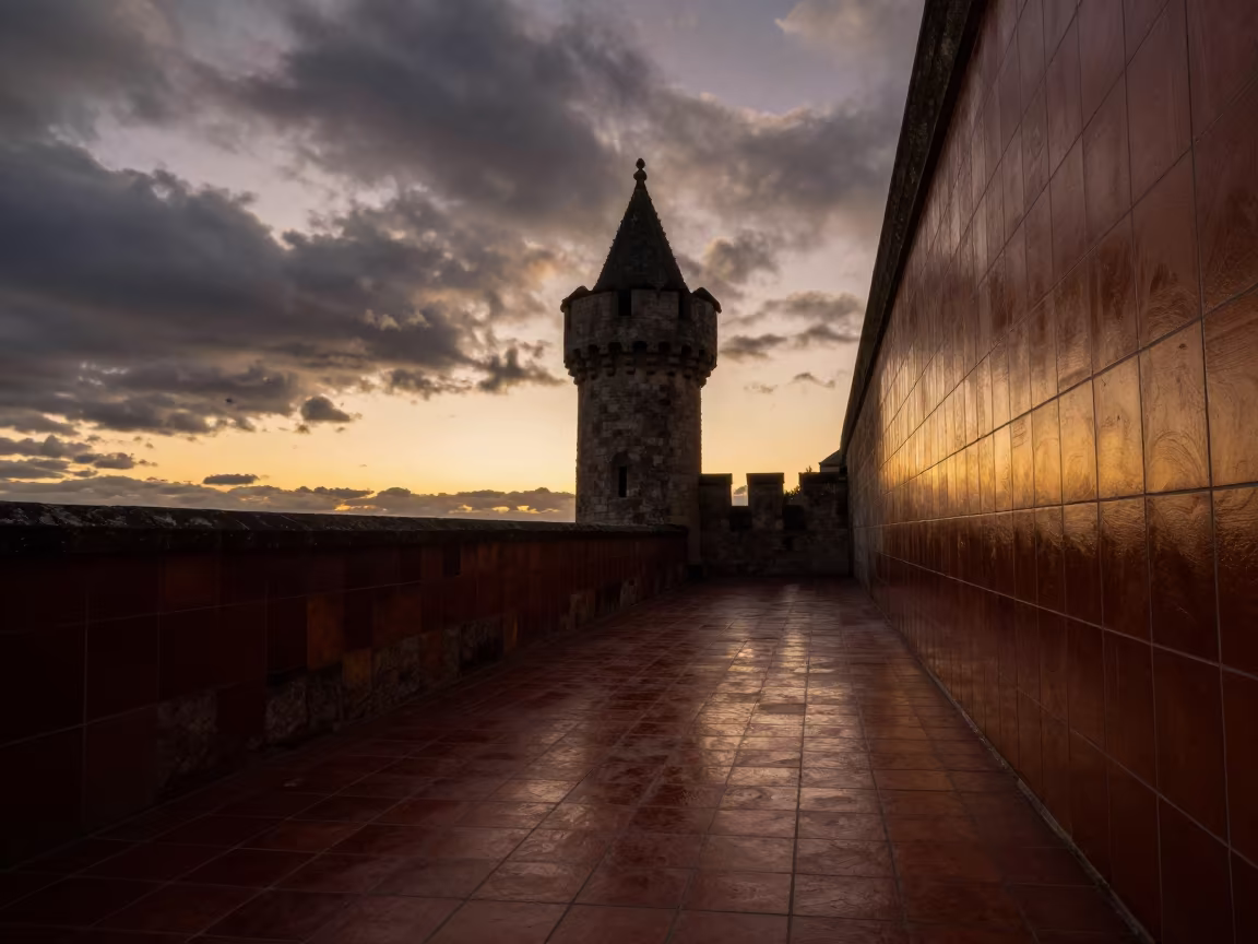 Castle Turret Silhouette Amber Sunset Light in inside a tiled stair hall near Bordeaux