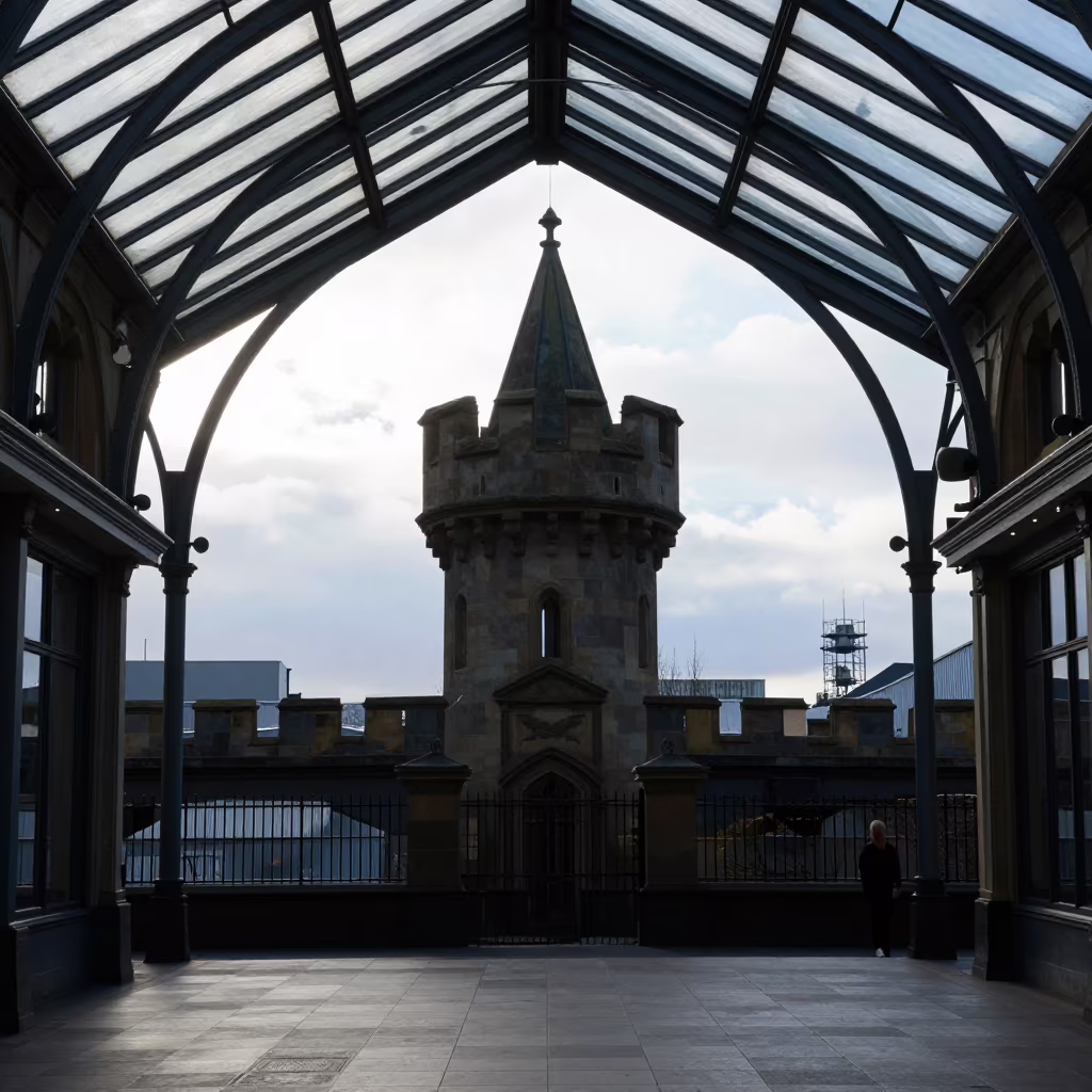 Castle Turret Silhouette in Glass Arcade Winter in inside a glass-roofed arcade in Hosier Lane, Melbourne