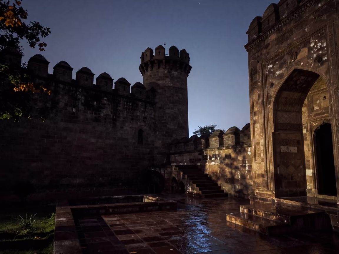Castle Turret Silhouette Against Starry Sky in inside a tiled stair hall near Khanewal
