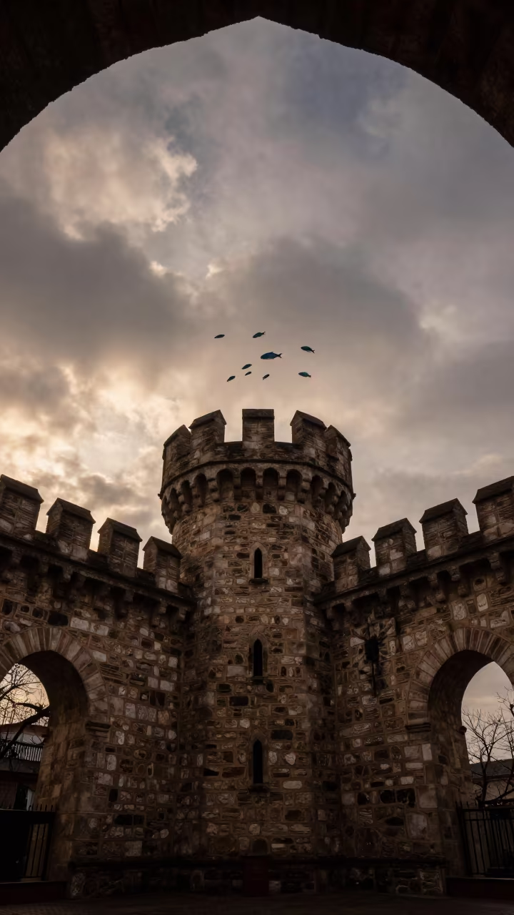 Castle Turret Silhouette Winter Sky Plovdiv in inside a vaulted atrium in Plovdiv