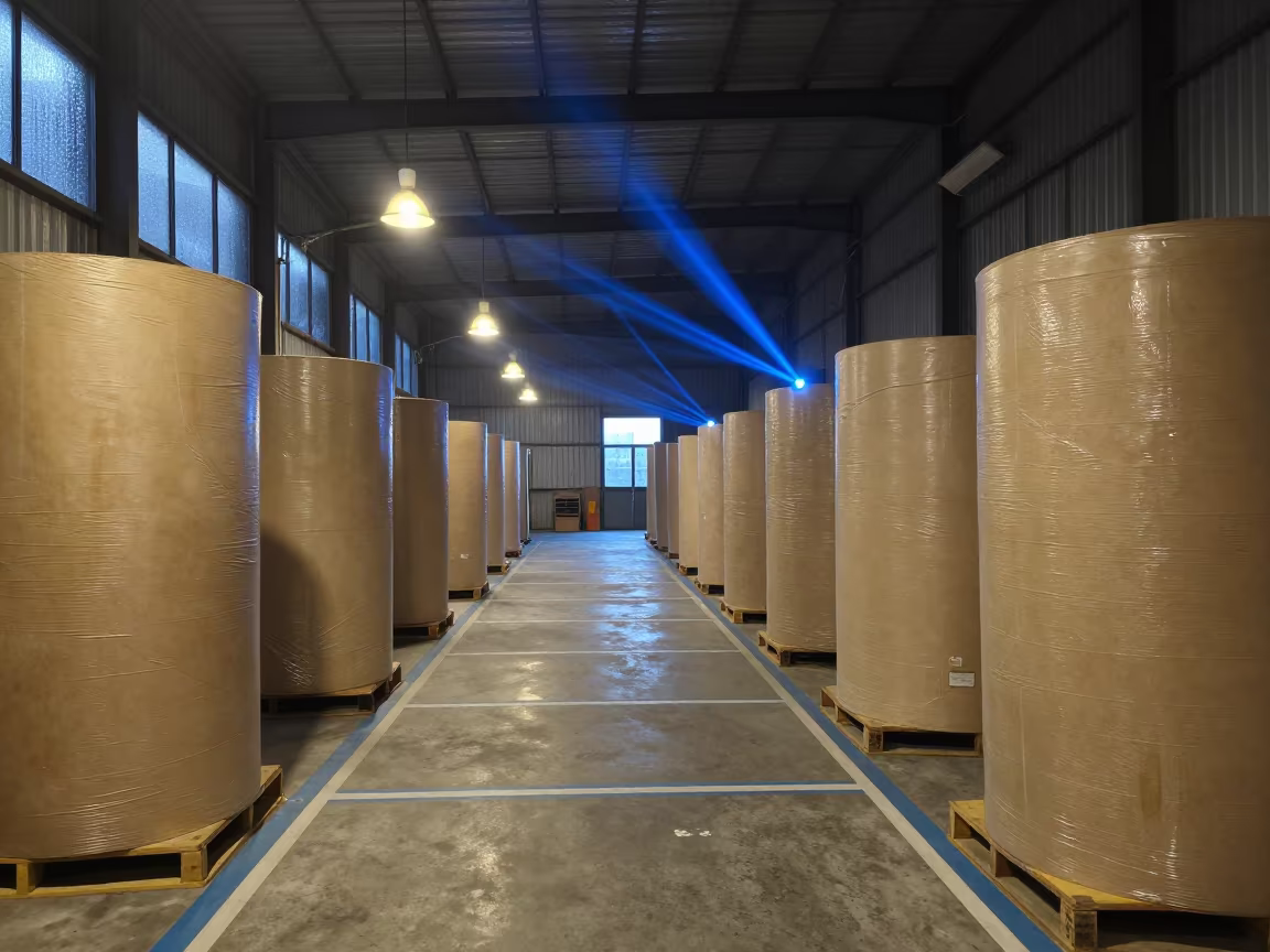 Castries Warehouse Paper Rolls Under Predawn Lights in inside a warehouse aisle in Castries