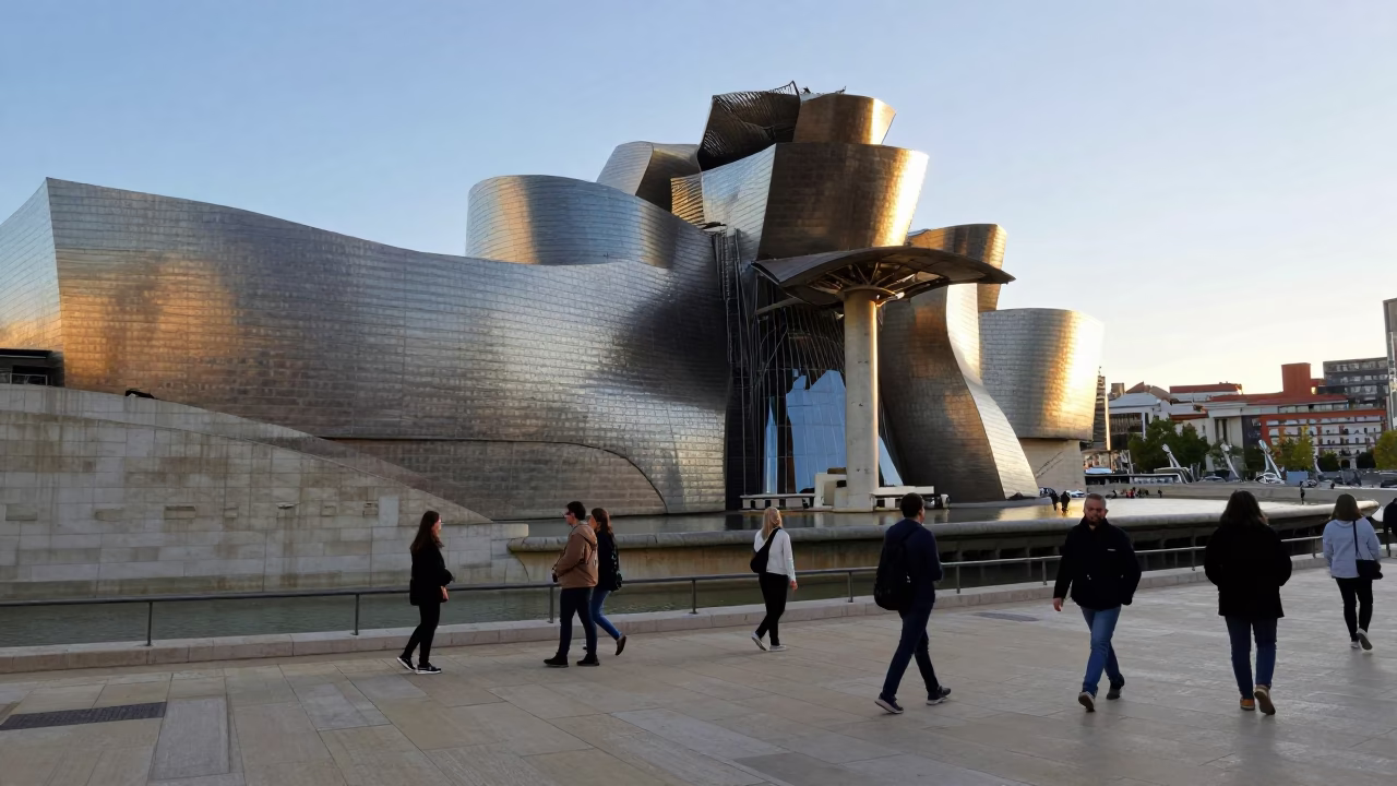 Casual Afternoon Stroll in Bilbao Spain Near Guggenheim Museum with Tourists and Urban Architecture in in Bilbao, Spain