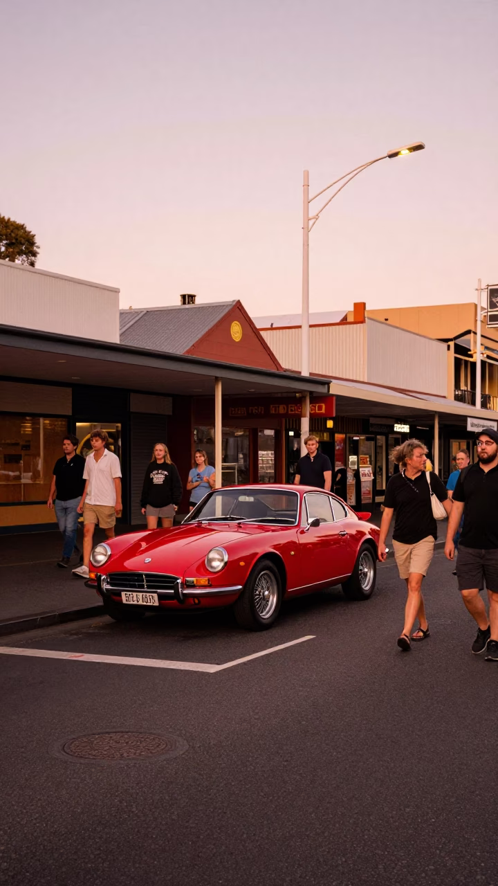 Casual Pedestrians in Hobart at Copper-toned Light Before Dusk in in Hobart, Tasmania, Australia