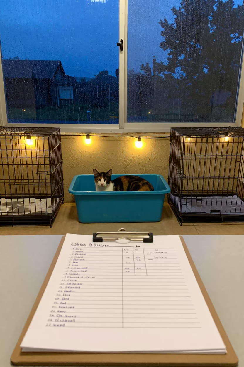 Cat Adoption Clipboard in Lichinga Twilight in inside an adoption room in Lichinga