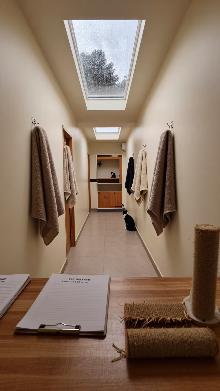 Cat Adoption Room With Clipboards And Blankets in in a boarding kennel corridor in Kisii