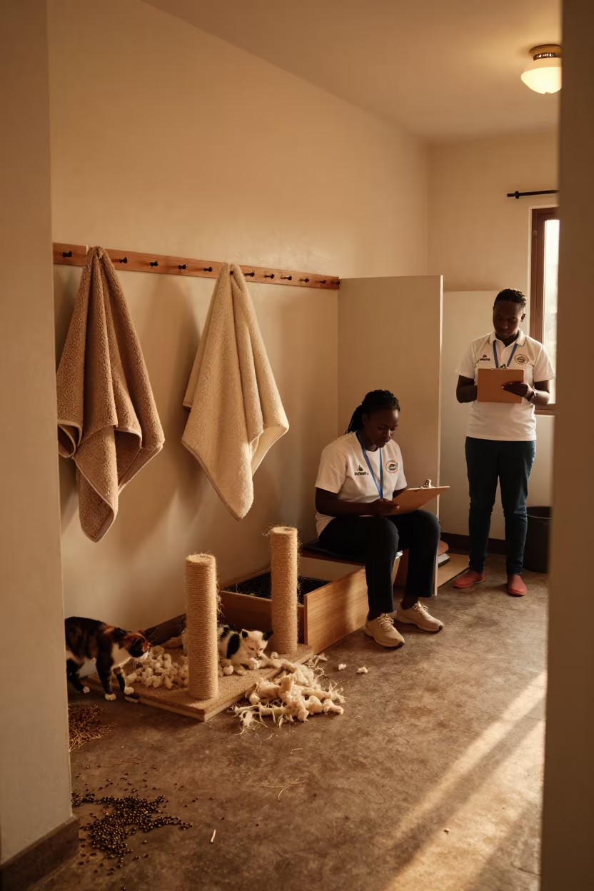 Cat Adoption Room Volunteers and Blankets in inside a grooming bay near Kampala