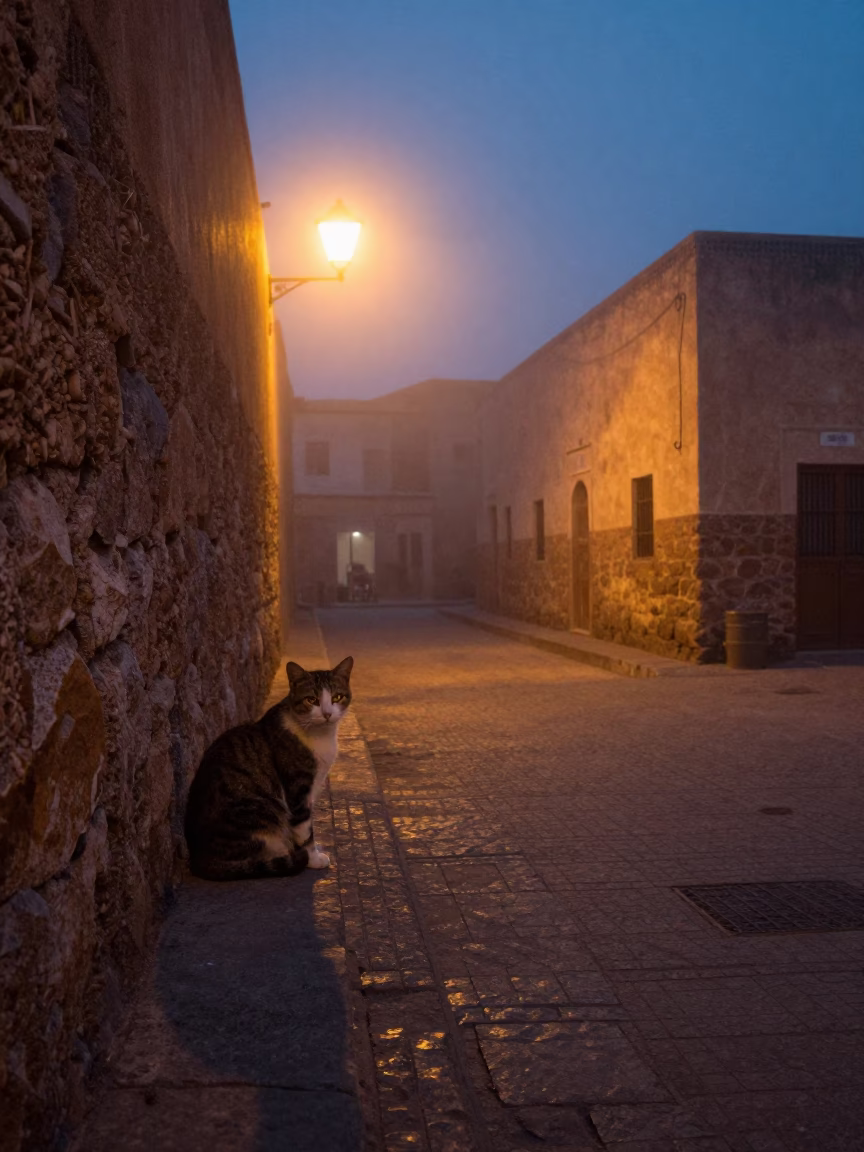 Cat after dark in Essaouira in in Essaouira, Morocco