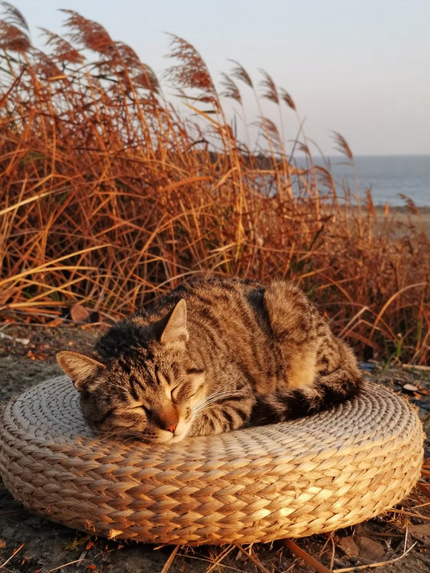 Cat Asleep on Cushion Near Fujian Reed Bed in at the edge of a reed bed in Fujian