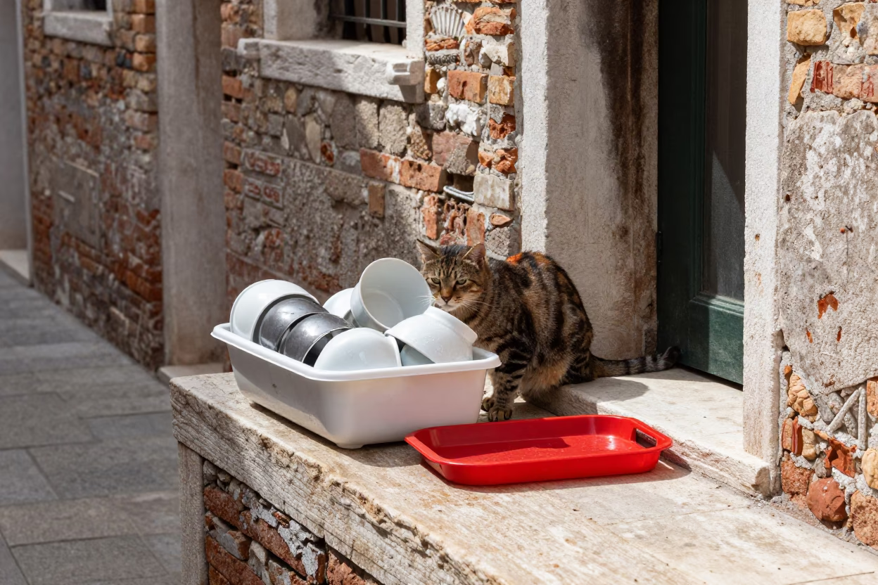 Cat at Flat Noon Light in in Venice, Italy