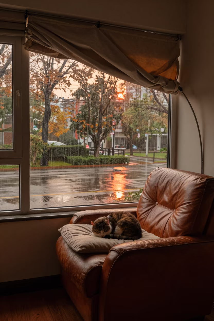 Cat on Autumn Windowseat with Draping Metal in on a worn leather armchair in Changsha