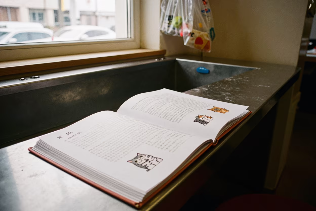 Cat Behavior Binder on Fish Counter in Winter in inside a fish bagging counter zone in Xian