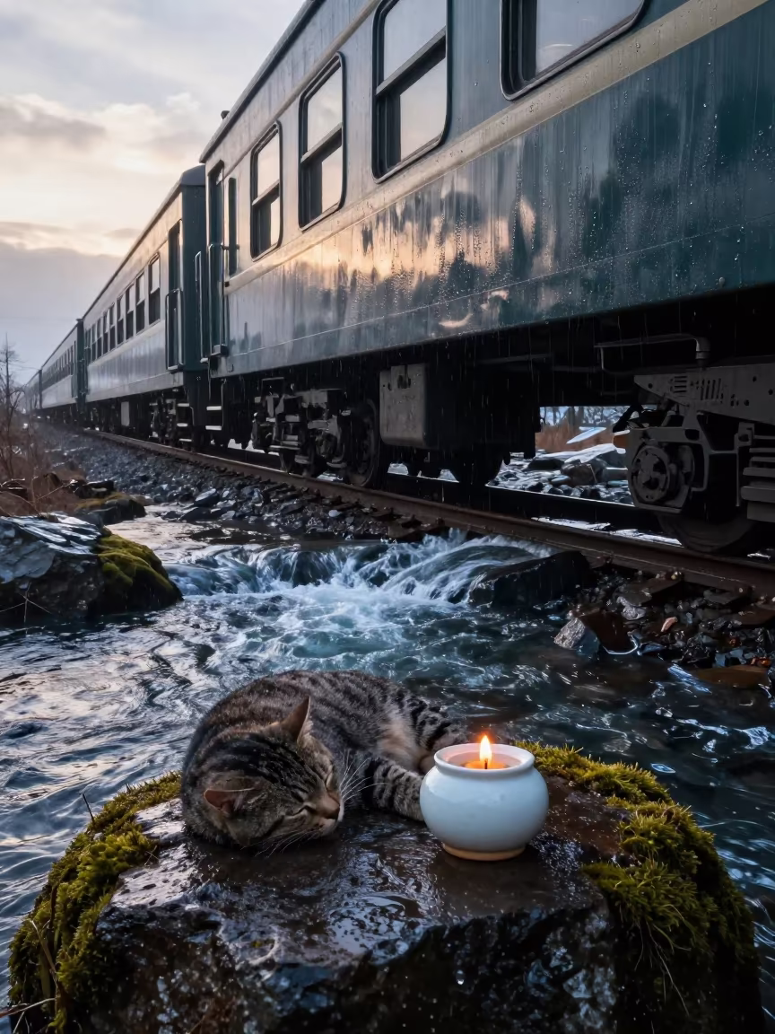 Cat and Candle by Glacial Stream with Train in above a glacial stream near Muş