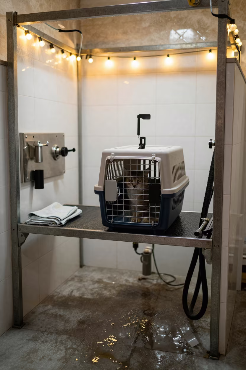 Cat Carrier on Shelf in Assilah Dog Wash in at a self-serve dog wash station in Assilah