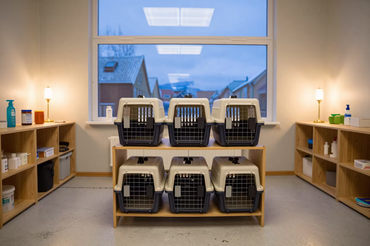 Cat Carrier on Shelf in Trondheim Adoption Room in inside an adoption room in Trondheim