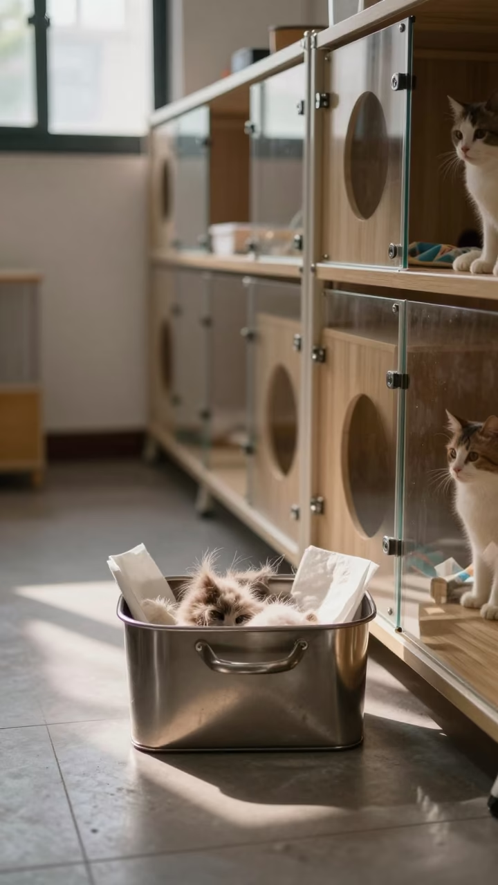 Cat Condo Cleaning Tote in Kennel Corridor in in a boarding kennel corridor in Ningbo
