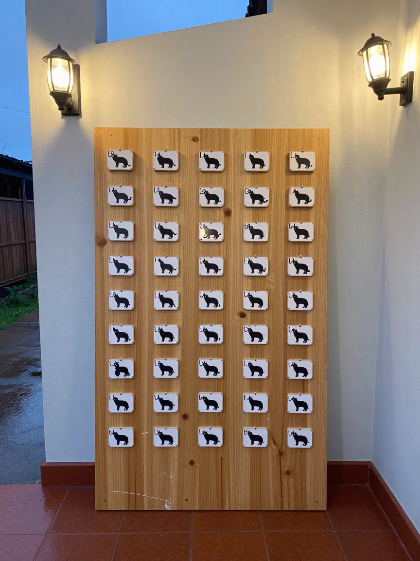 Cat Condo Number Tag Board Before Boarding in inside an adoption room in Chimbote