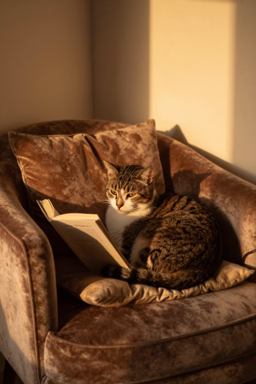Cat Curled on Velvet Armchair in Alexandria Reading Nook in on a reading nook cushion in Alexandria