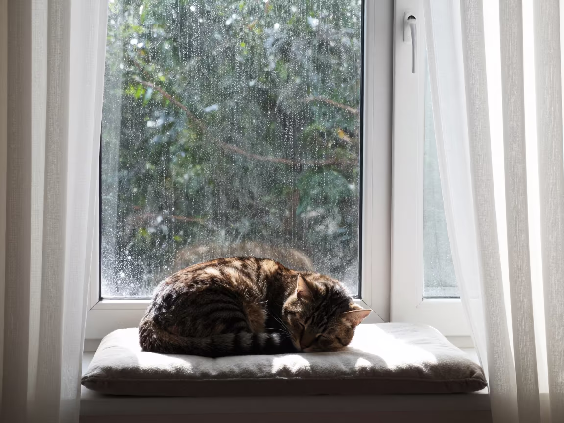 Cat Resting on Cushion by Rainy Window Noon in beside a rain-streaked window in Atbarah