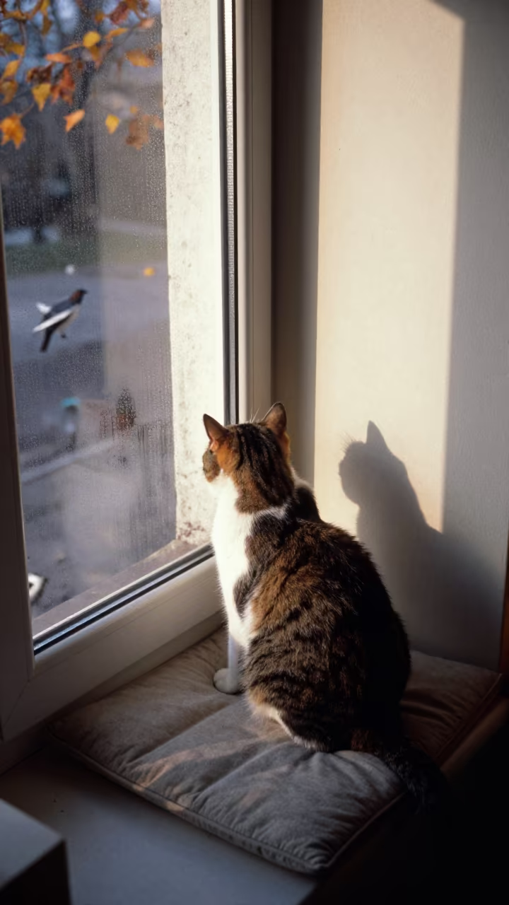 Cat on Cushion Watching Birds Tianjin Window in on a reading nook cushion in Tianjin