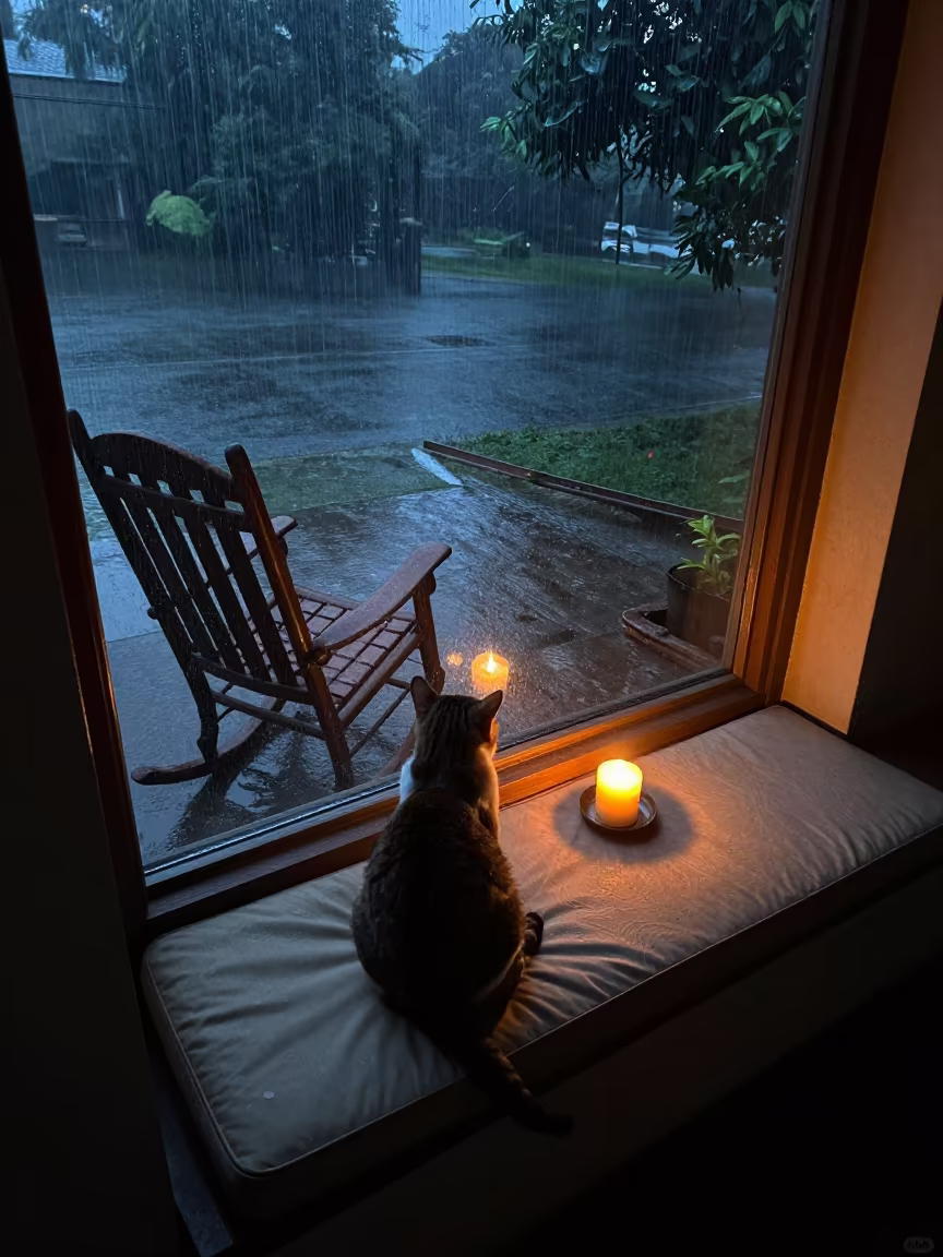 Cat on Cushioned Window Seat in Monsoon Rain in on a porch with a rocking chair in Mira-Bhayandar