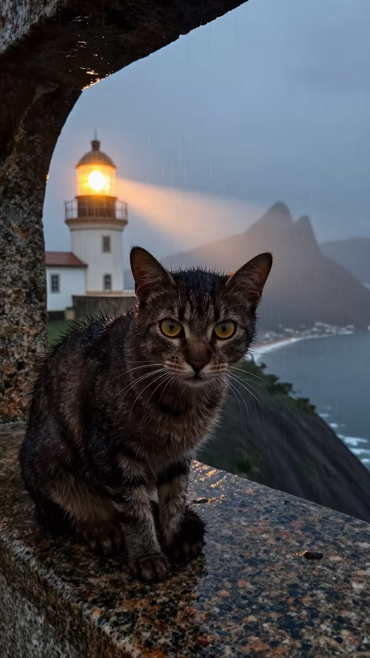 Cat Eyes Reflecting Lighthouse Fire on Rio Ridge in on a wind-scoured ridge near Urca, Rio de Janeiro