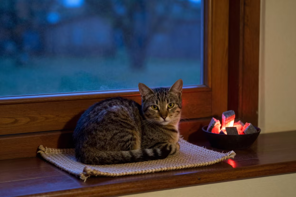Cat on Hearth Rug Evening Ouagadougou in on a window seat in Ouagadougou