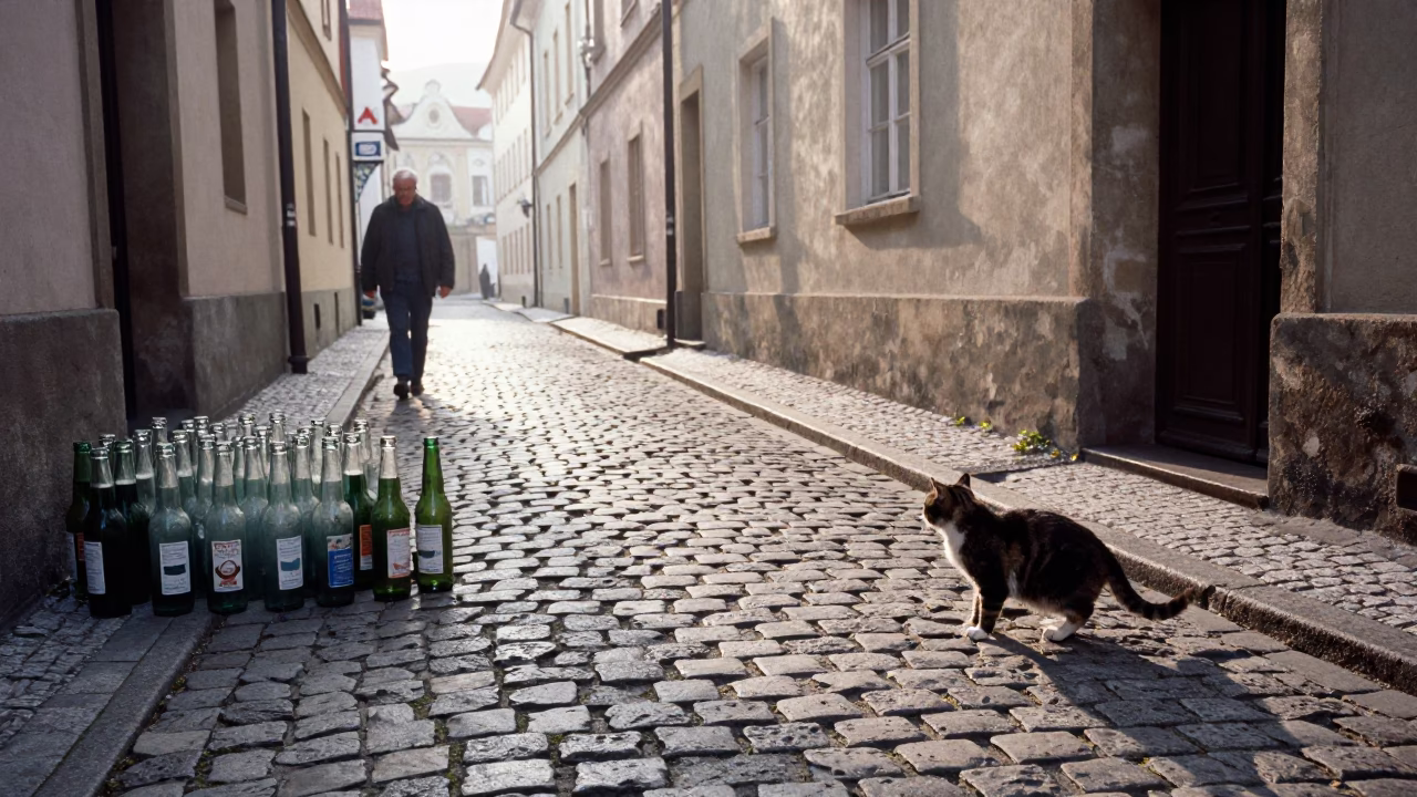 Cat just after sunrise in Prague in in Prague, Czech Republic