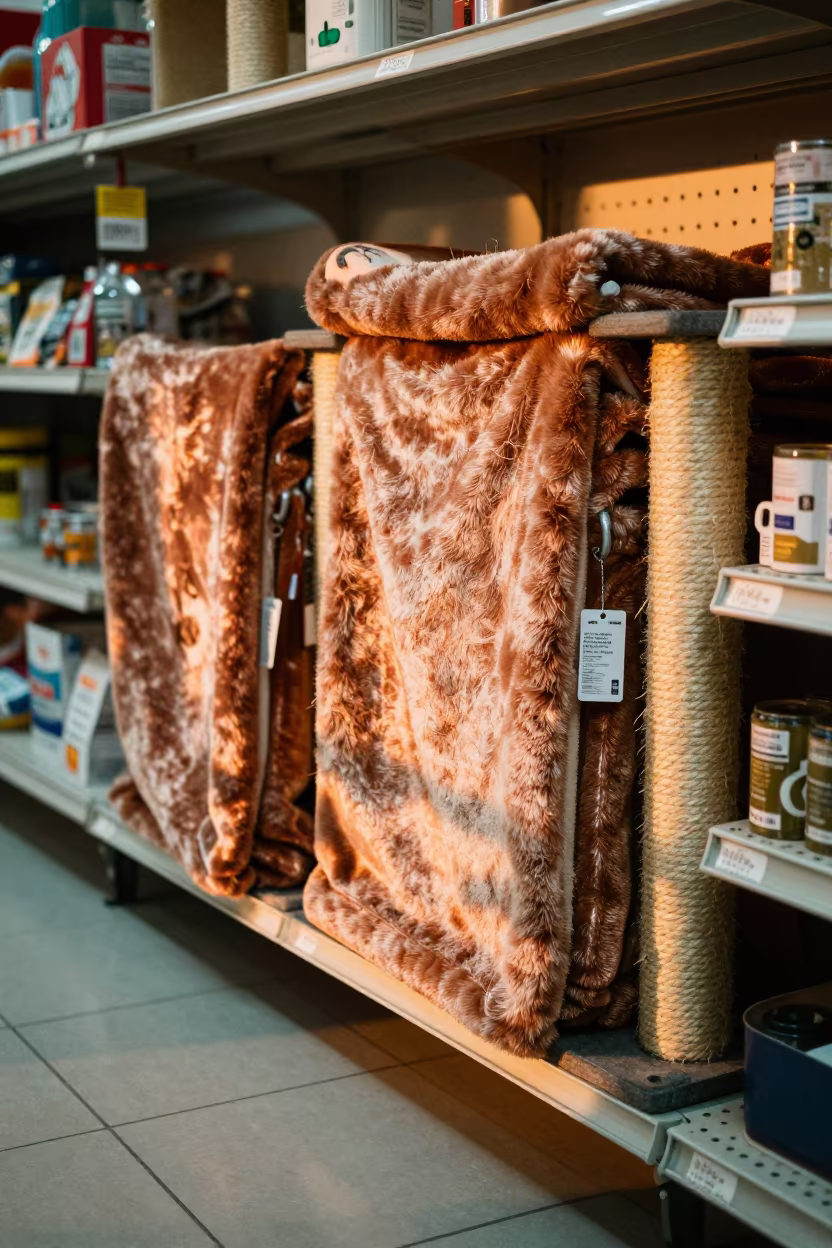 Cat Lounge Blankets Airing in Warm Store Light in inside a pet store aisle in Warnes