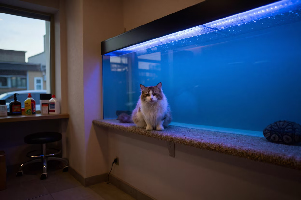 Cat Lounge Perch Under Blue Aquarium Glow in inside a grooming bay in Anyang