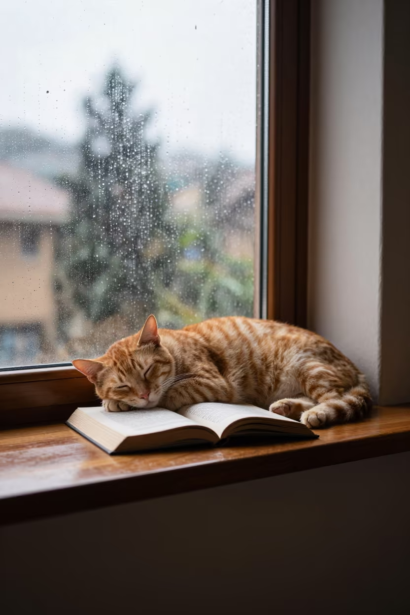 Cat Napping on Book in Addis Ababa Window in beside a rain-streaked window in Addis Ababa