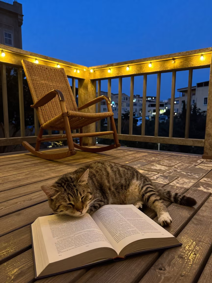 Cat Napping on Book in Beirut Porch Twilight in on a porch with a rocking chair in Beirut