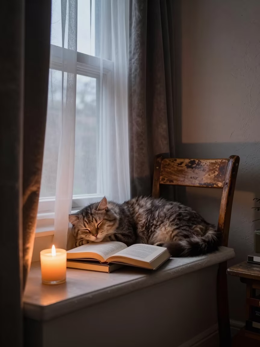 Cat Napping on Book in Candlelit Bedroom in in a candlelit bedroom near Birmingham