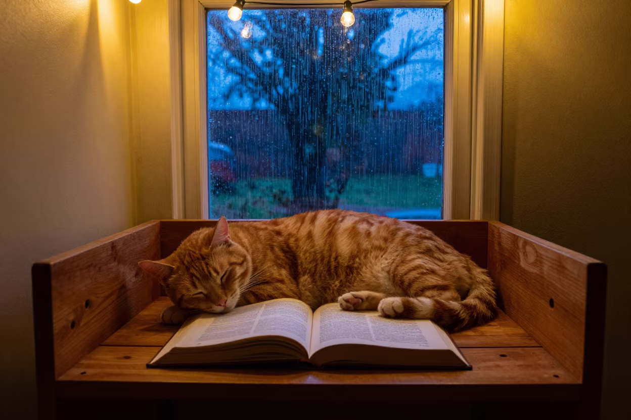 Cat napping on book in Khartoum reading nook in in a breakfast nook near Khartoum