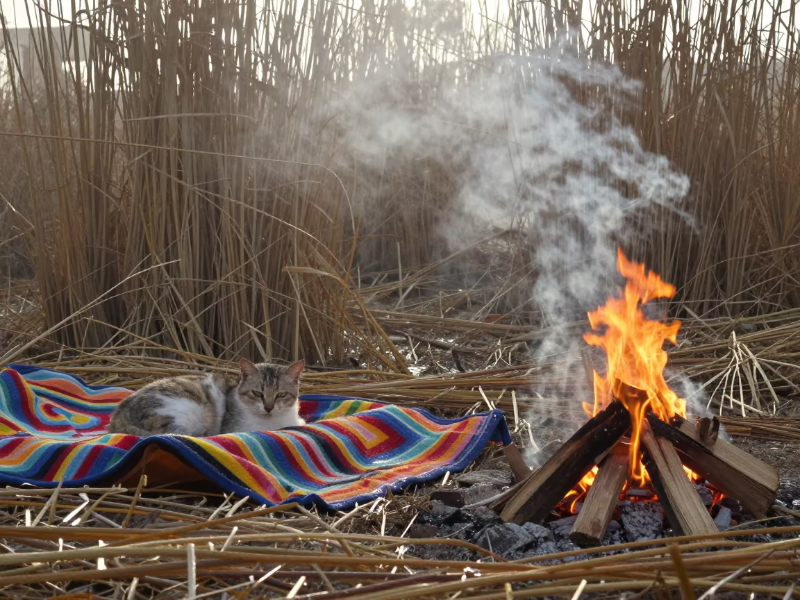 Cat Napping on Quilt by Fire in Yemen in at the edge of a reed bed near Sana'a