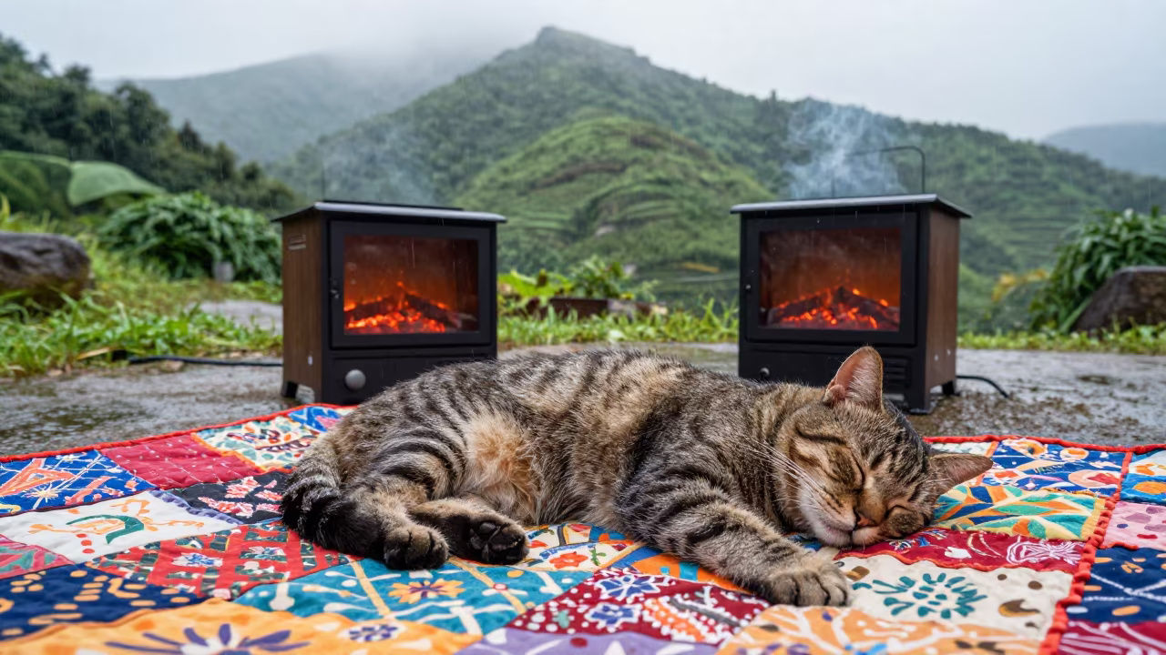 Cat Napping on Quilt Near Xiamen Fireplace in along a game trail near Xiamen